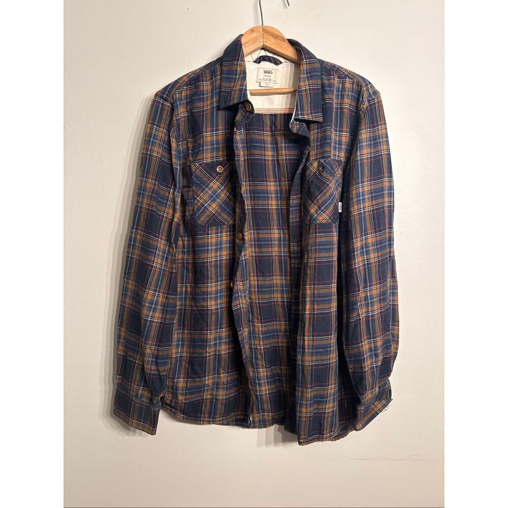 Vans Navy Blue Brown Plaid Flannel Long Sleeve Button Up Shirt Size Medium